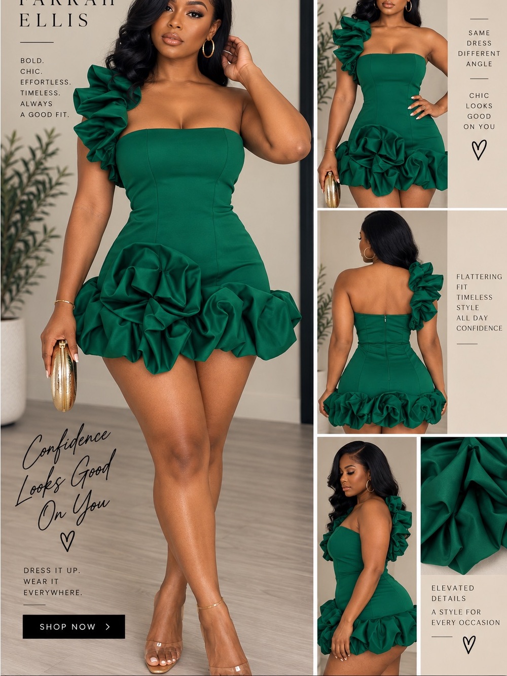 Fashion Nova Emerald One-Shoulder Ruffle Mini Dress